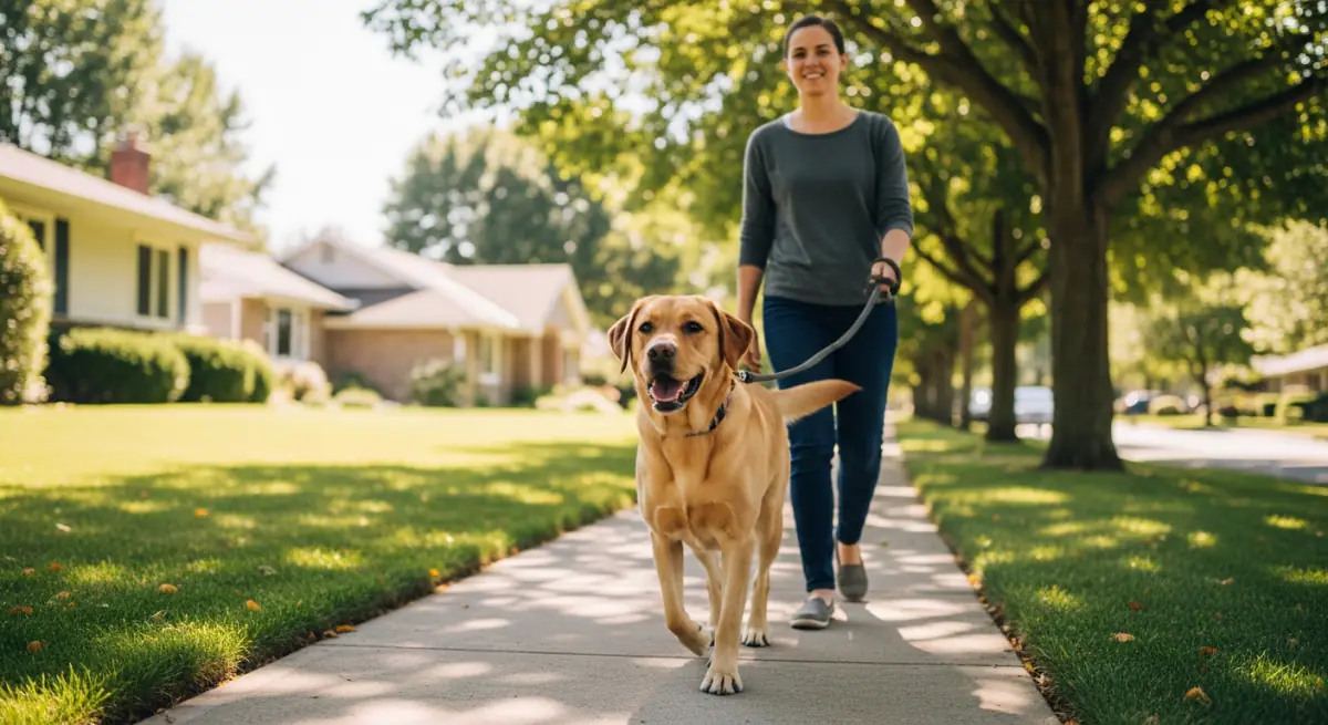 Adult dog practicing loose leash walking with trainer