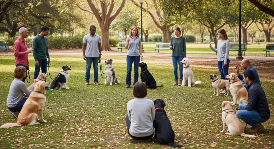 Dogs and owners participating in group training class